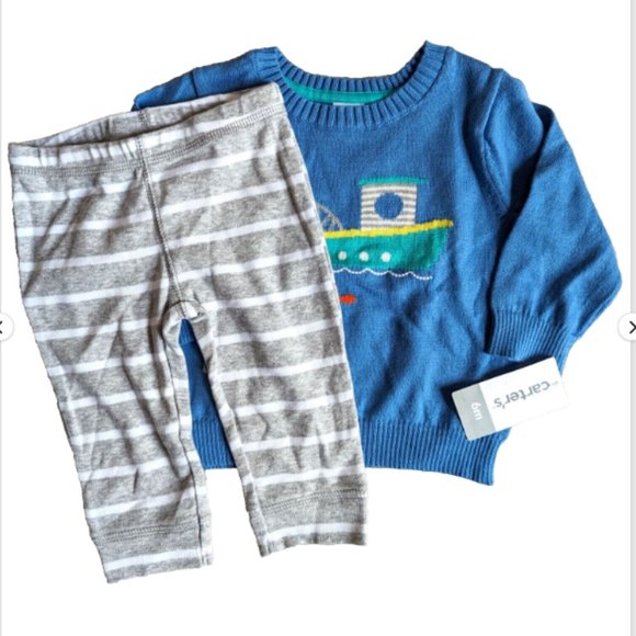 NWT Carter's Baby Boys 2-PC Knit Pullover Sweater & Pant Set Blue Cardig… - Picture 1 of 7